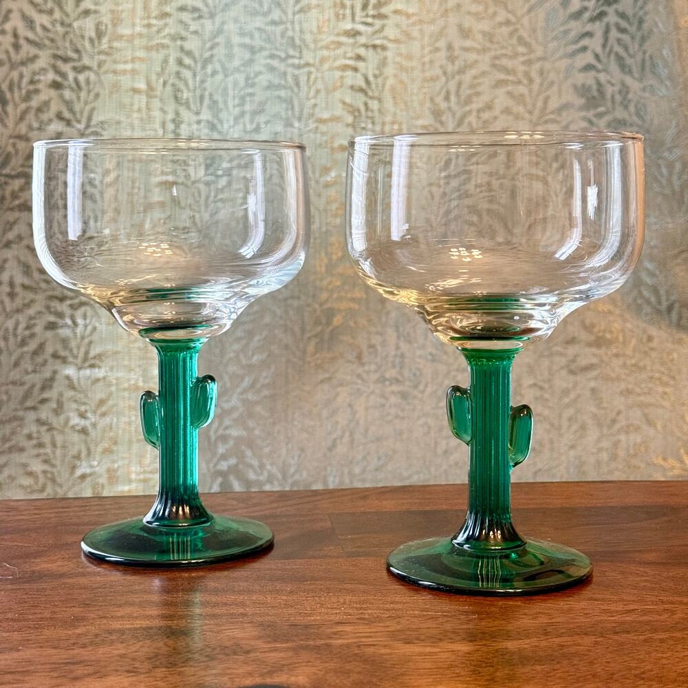 Southwest Cactus Margarita Glasses Set of 2 Vintage Desert Barware